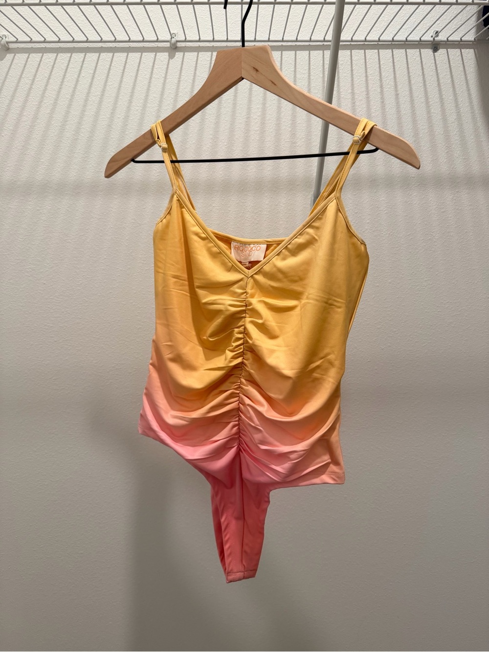 Rococo Sand Yellow to Pink Ombre Ruched Bodysuit